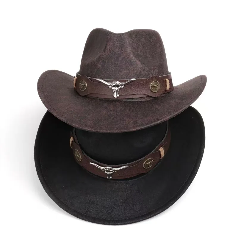 Neue Mode Kuh Kopf Schmücken Western Cowboy Hut Kunstleder Vintage Gentleman Jazz Hüte Für Männer Panama Cowgirl Hut