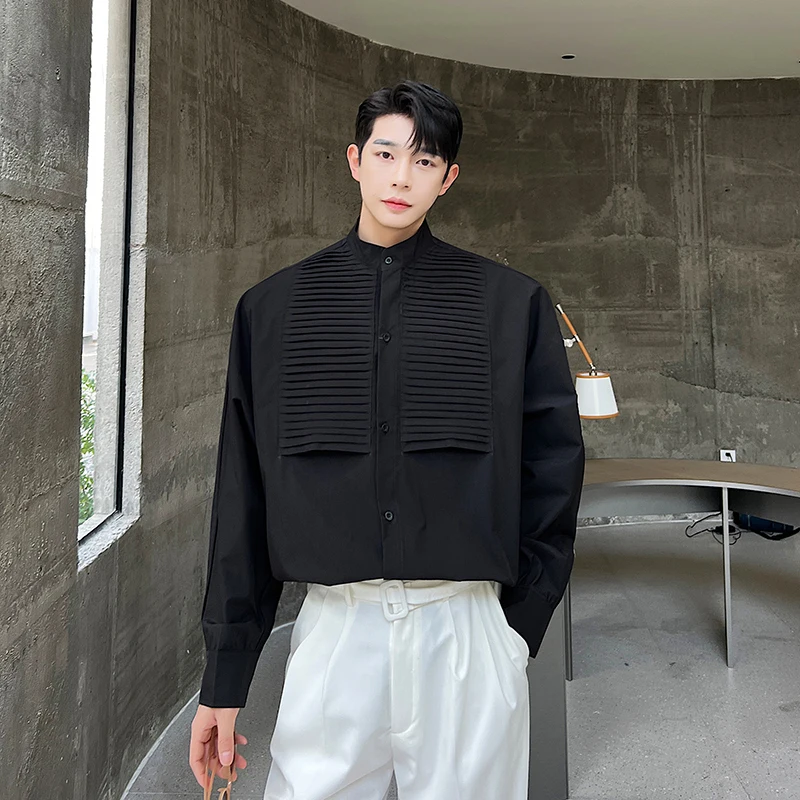 Loose Fit Long Sleeve White Shirt Men's Vintage Style Embroidery Detailed Stand Collar Premium Feeling Heavy Embroidery Shirt