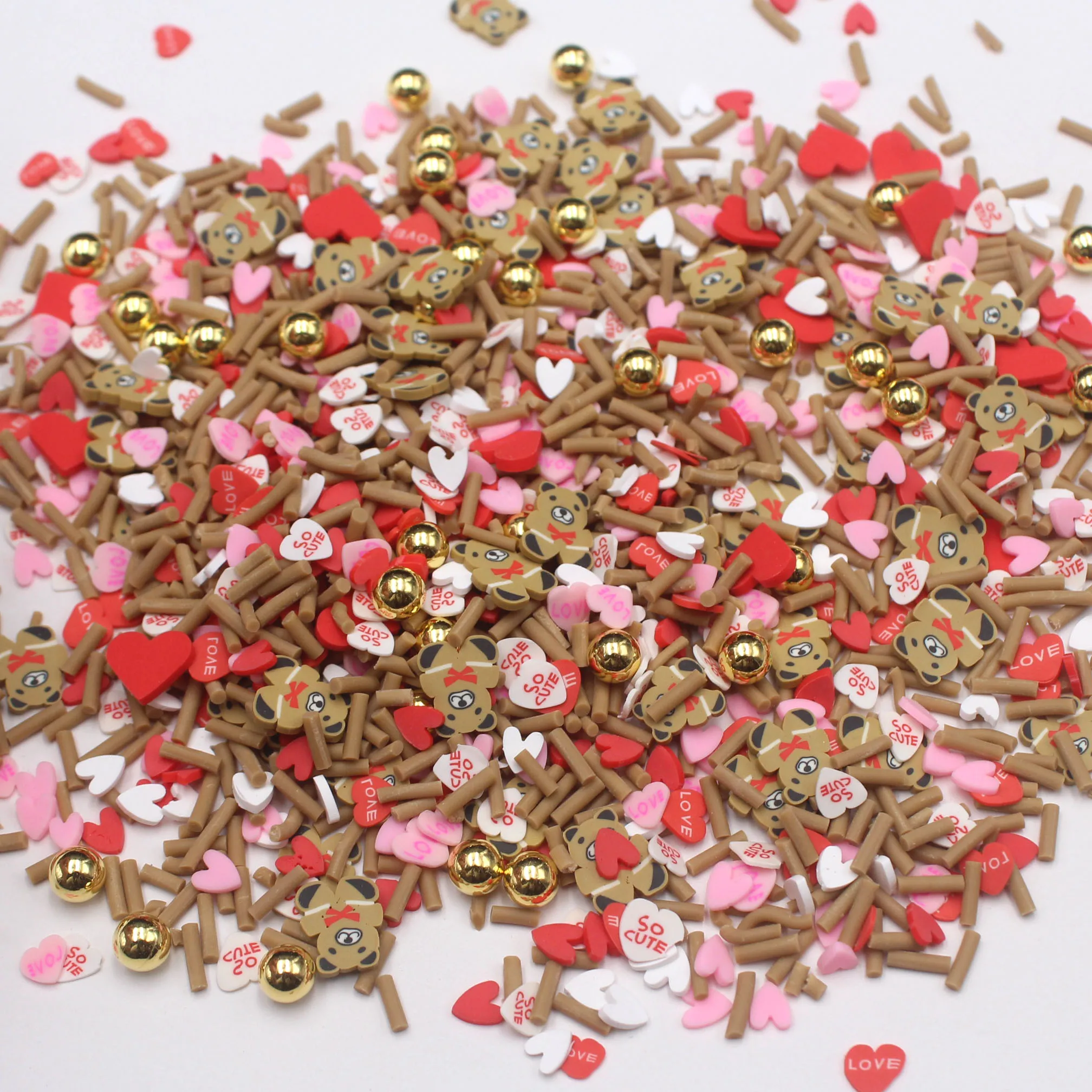 100g/Lot Valentine Themed Cute Bear with Hearts Clay Slices Romantic Mixed Sprinkles Supplies Slime Crafts Filling