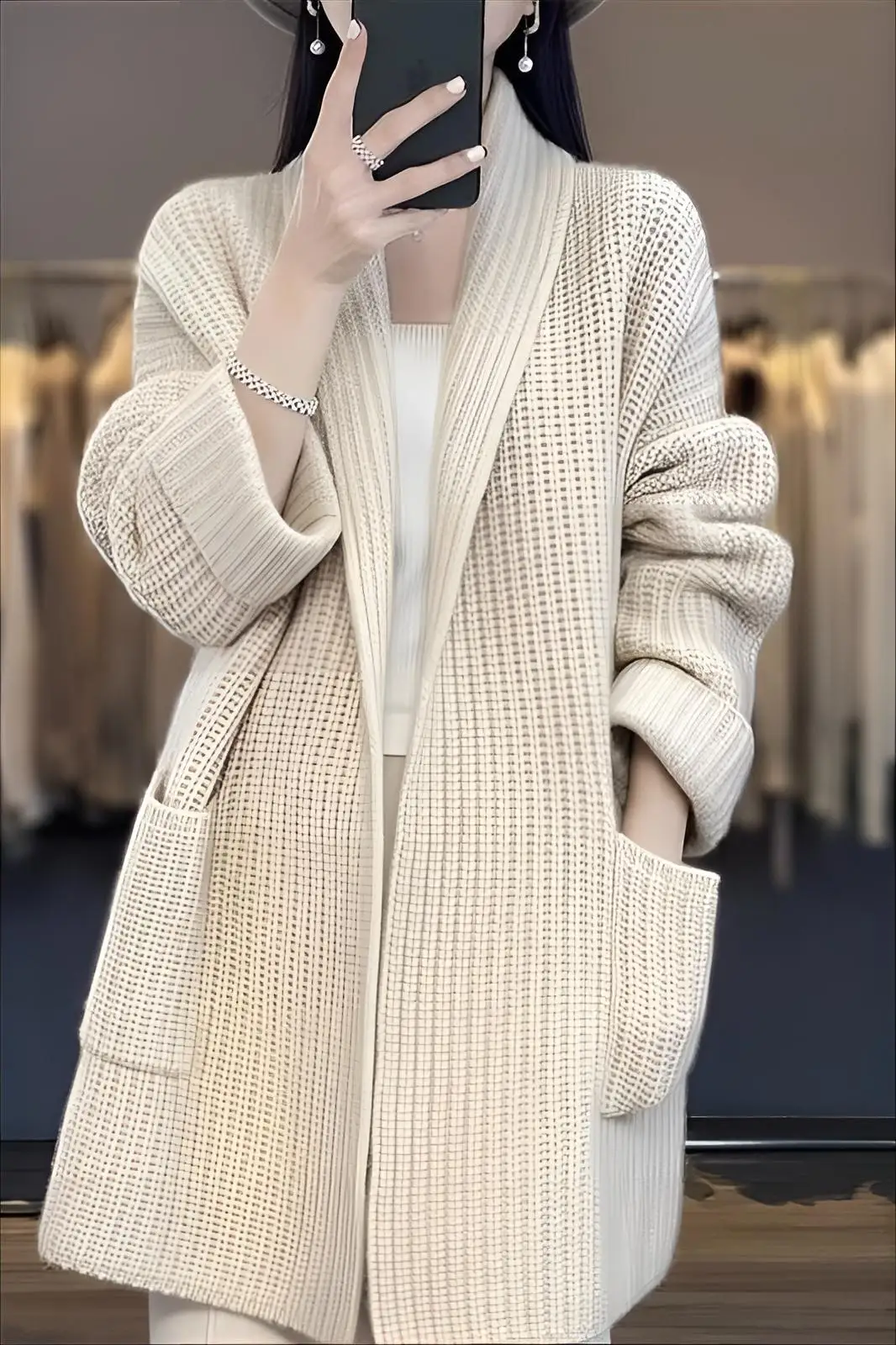 

Mid-Long Cardigans Daily Wear Womens Summer Outerwears Knits Ultra Double-Zip Stretchy Collared Loose-Thickened Solid Lace-Ups