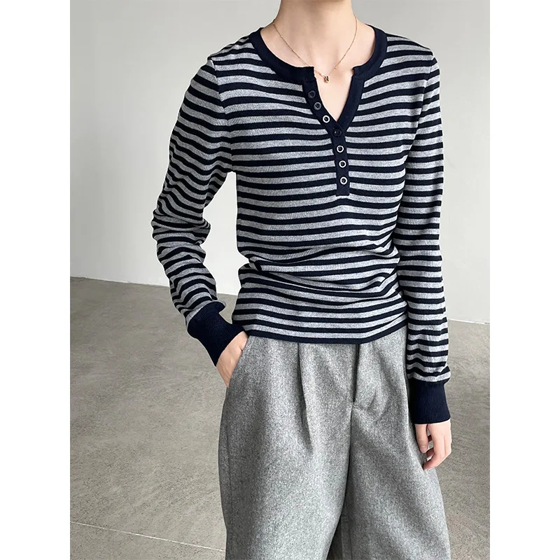 

Женский вязаный топ Taochuan с длинным рукавом, V-образным вырезом, в полоску, на пуговицах, облегающий, универсальный, из шерстяного материала, базовый фасон