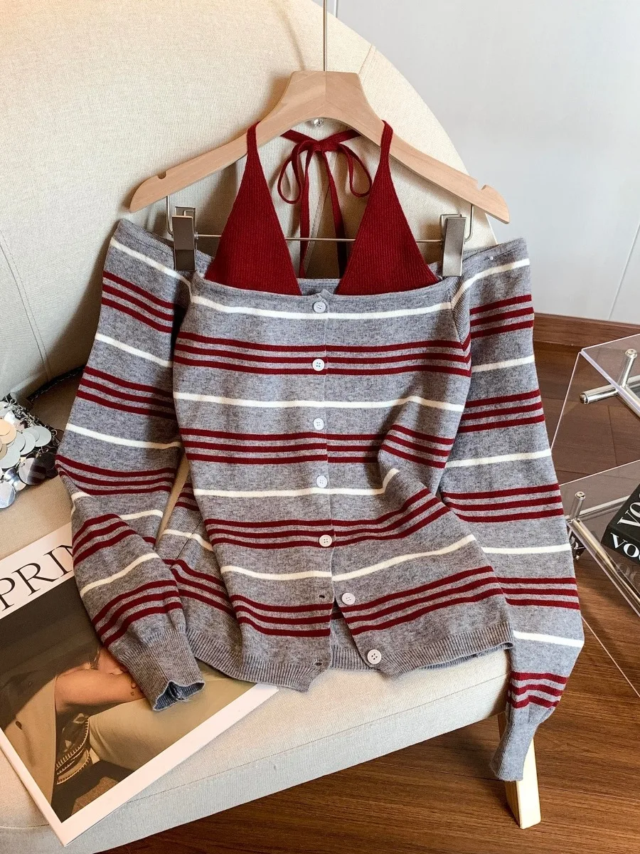 

Корейский вязаный свитер в полоску с длинным светом, женский осенне-зимний новый дизайн Sensation Small Cro Spicy Girl Ne Hangi...