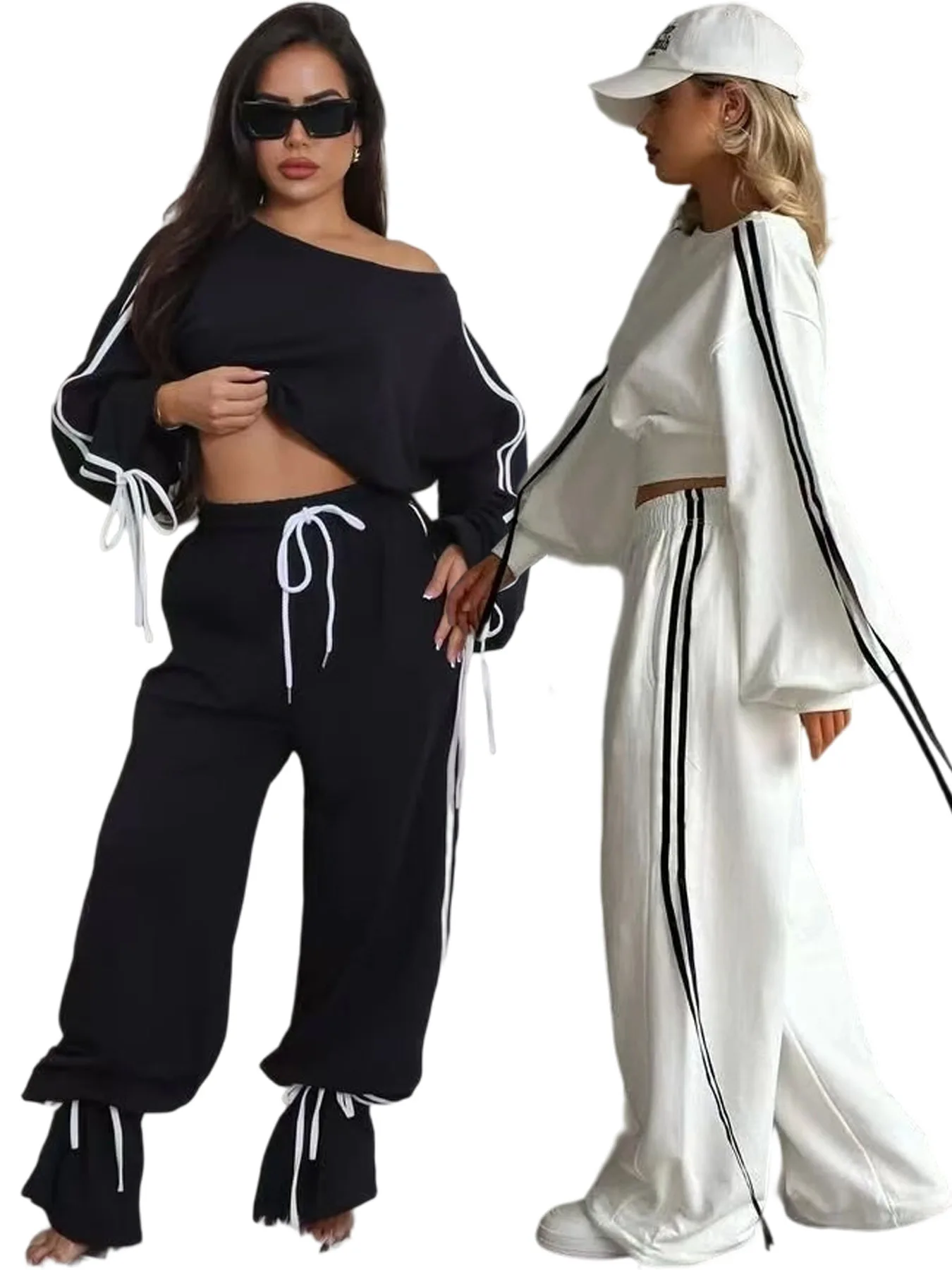 

Women Set Fall Fashion Striped Slanted Collar Long Sleeved Sweatshirt High Waisted Pants Casual 2 Piece Set Women Tracksuit Set