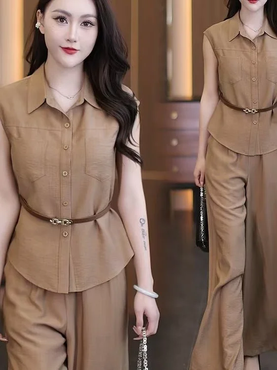 

Летний комплект из рубашки и широких брюк с высокой талией в корейском стиле, модный ансамбль для женщин больших размеров.