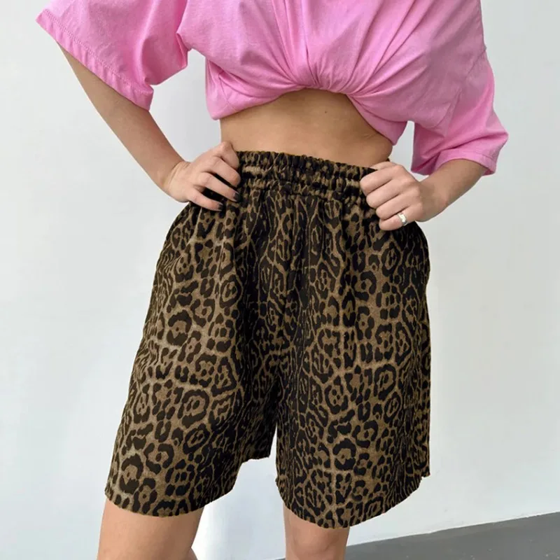 Summer Leopard Printed Casual Short Pants for Women 2024 New Street Trendsetters Women's Fashion High Waist Wide Leg Shorts Y2K