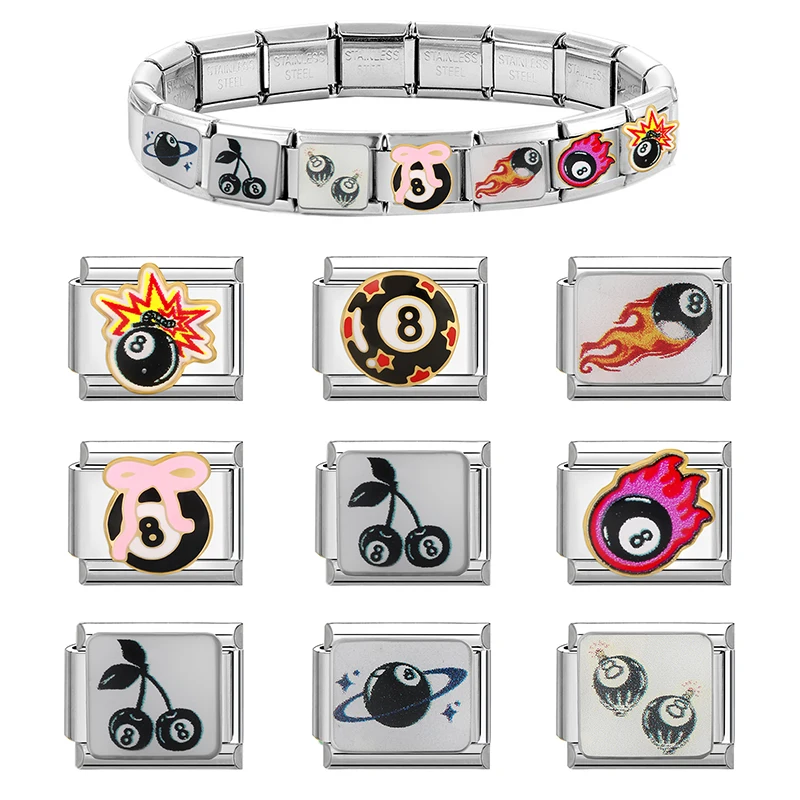 رابط سحر إيطالي يدوي الصنع على شكل كوكب وزهرة وكرز وقوس قلب وكرة رقم 8 سوداء يناسب سوار من الفولاذ المقاوم للصدأ بعرض 9 ملم هدايا موضة للرجال والنساء