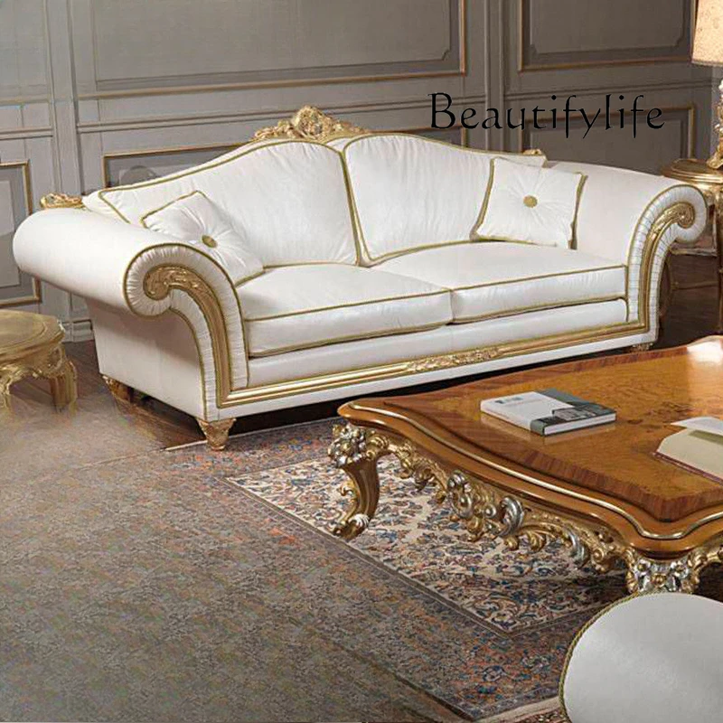 European living room furniture, large apartment sofa combination, solid wood carving flower leather three-person sofa