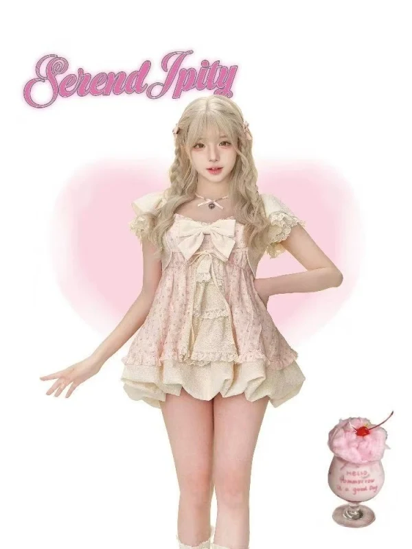 Cute Pink Floral Puff Sleeve Blouse And Skirt Set Sweet Countryside Style Two Piece Girl's Outfit Short Sleeve Doll Collar