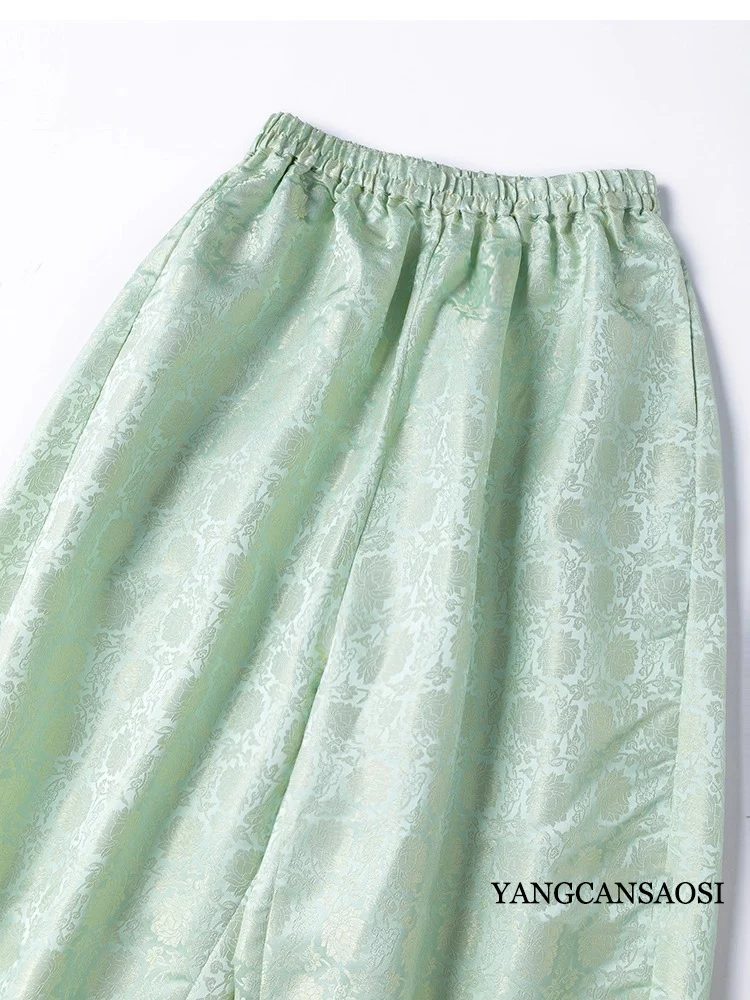 Woven Gold Jacquard Satin 30MM Heavy-duty 100% Natural Mulberry Silk Elastic Waist Loose Women's Casual Mint Green Harem Pants