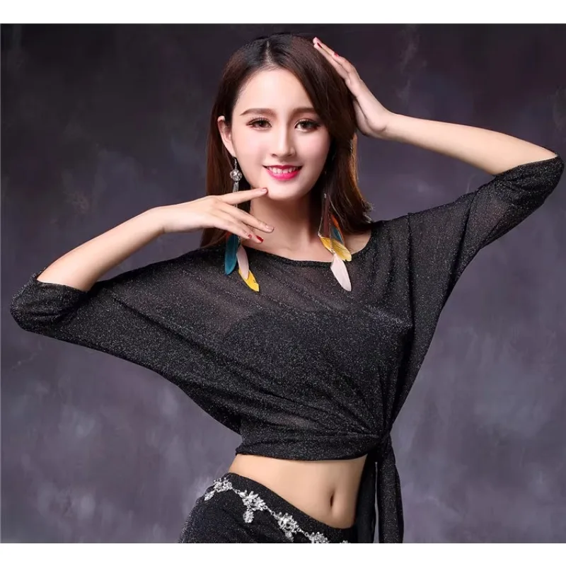 

Индивидуальные костюмы для танца живота, тренировочный наряд, серебряная шелковая сетка, топ со средними рукавами и наклонными плечами, одежда для выступлений, топ