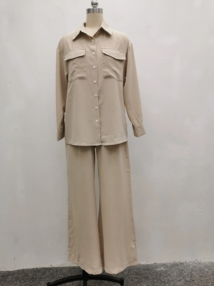 Straße Lose Feste Hemd Hosen Zwei Stück Set Frühling Frauen Revers Lange Ärmel Hemd + Hohe Taille Kordelzug Gerade Hose outfit