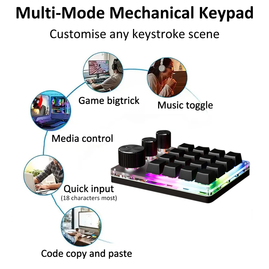 16 Key 3 Knobs Custom Mechanical Keyboard Customize Volume Button Knob Programming Macro Gaming USB Wired/ Bluetooth/ Wireless