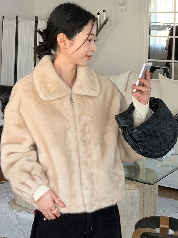 شتاء جديد Faion الوقوف طوق سستة وهمية المنك Jaet ort المرأة الفاخرة يشعر معطف الدفء الفراء الاصطناعية الكورية Sle