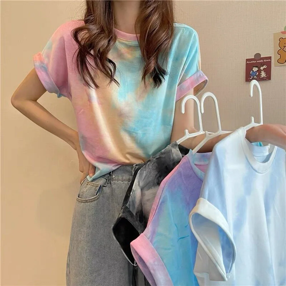 Korean Style Summer Tie-dye Women's T Shirts Loose Short Sleeve Casual Sale Woman Tops Student Round Neck Versatile Tees Shirt