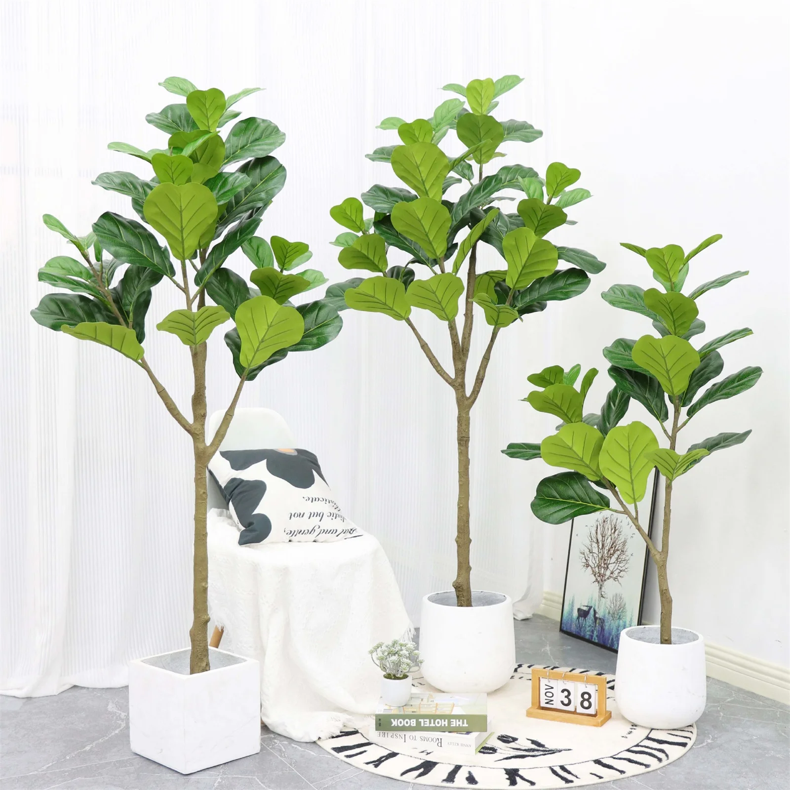 2pcs Artificial Fiddle Leaf Fig Tree, 5ft/6ft Tall Decorative Faux Fiddle Leaves Fig Silk Tree In Pot Home Indoor Corner Decor