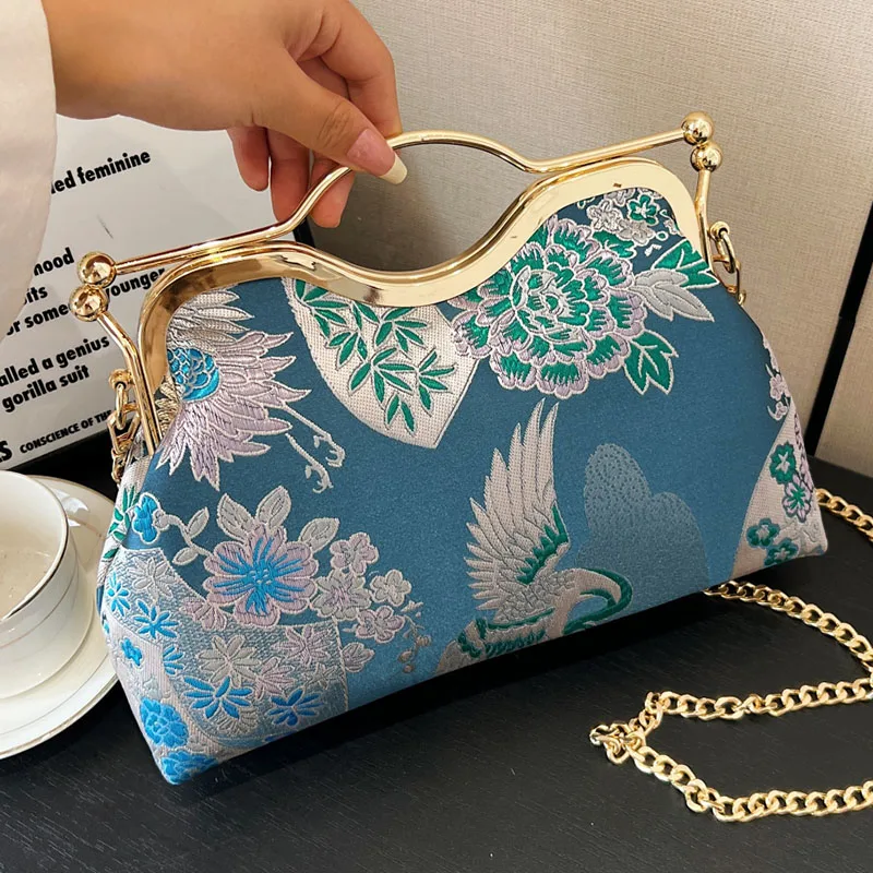 2024 INS Elegant Women Flower Print Handbags Vintage Lady Chain Shoulder Bags Clutch Simplicity Crossbody Bags Lock Shell Clip