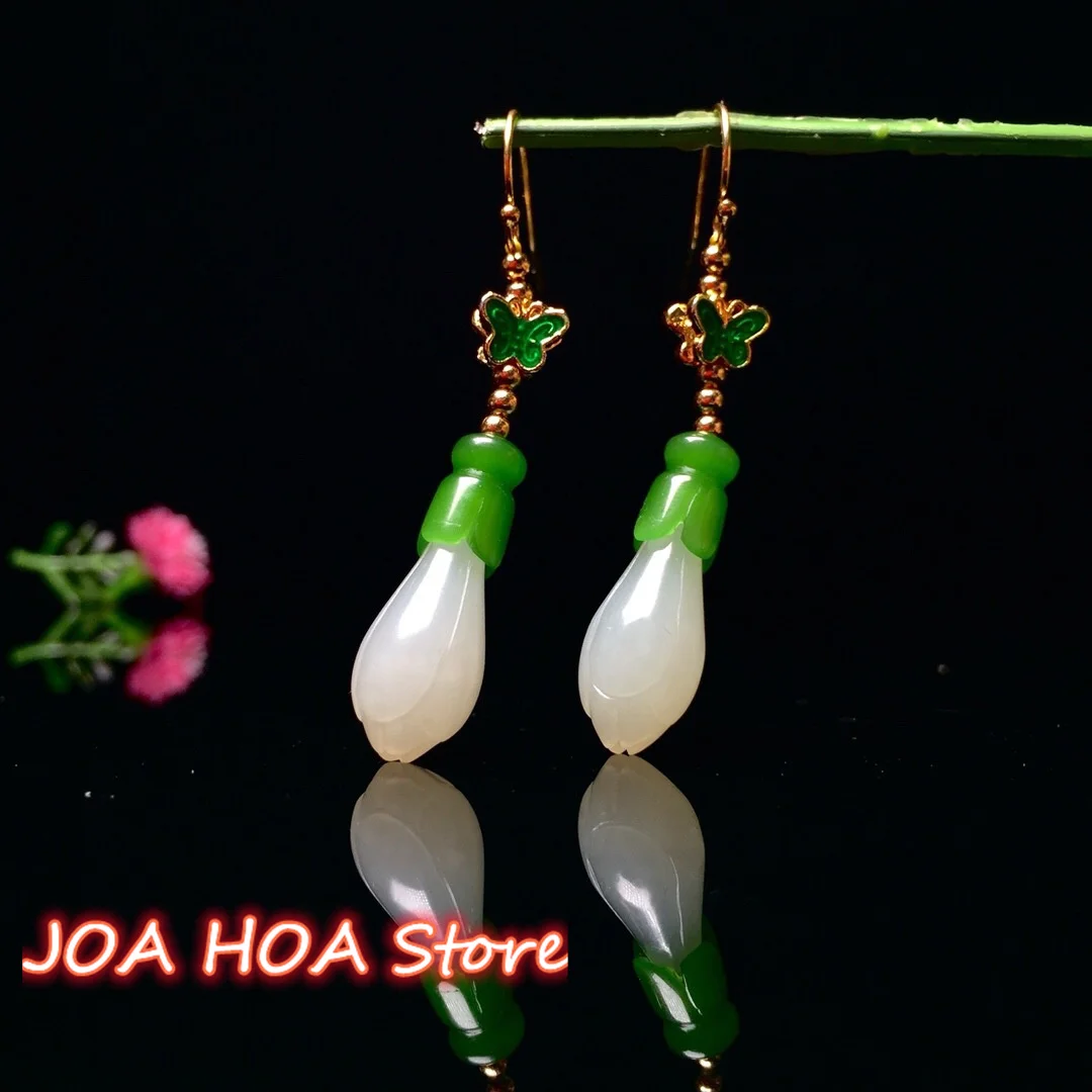 Natural Sterling Silver Inlaid Hetian White Jade Magnolia Flower Simple Retro Earrings Jewelry Individuality For Woman Eardrop