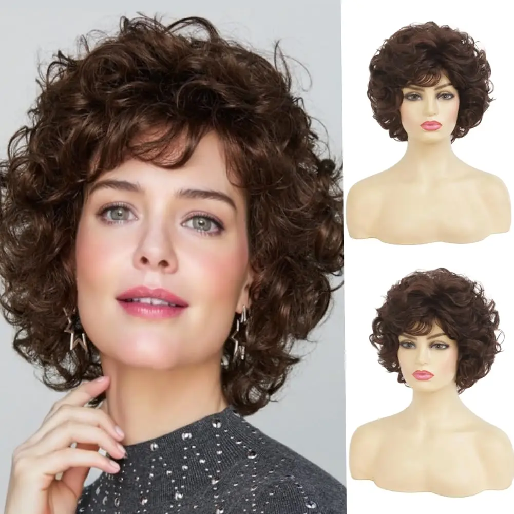 Short Brown Curly Wig, with Bangs, Suitable for Women, Brown Synthetic Full Natural Look Daily Paty Halloween Wig
