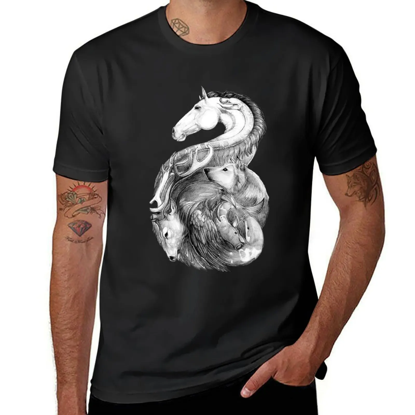 DEER HORSE WOLF CROW AND FISHES T-Shirt plus sizes korean fashion customizeds mens tall t shirts