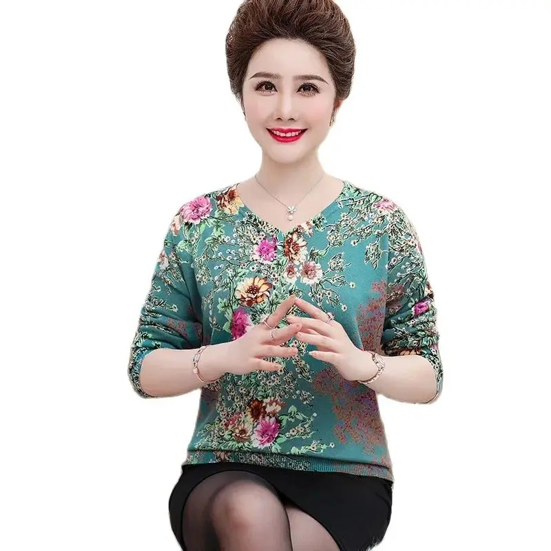 

Fashion Printed Sweater Middle Aged Women's Thin Knitwear 2023 New Spring Autumn Long Sleeved Knitted T-Shirt Tops Female