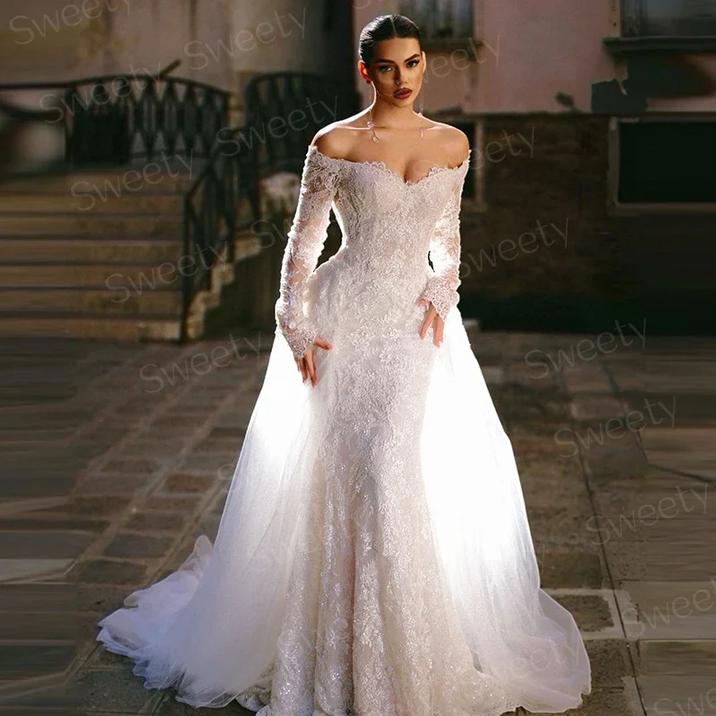 Anmutiges Brautkleid mit abnehmbarer Schleppe aus Organza mit Stickerei, Meerjungfrau-Ballkleid, U-Boot-Ausschnitt, volle Ärmel, maßgeschneidert, Vestido De Novia