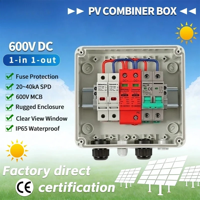 Full Copper Wire Solar photovoltaic PV DC Combiner Box Surge Lightning Protection 1 input 1 out DC 600V Fuse MCB SPD Box IP65