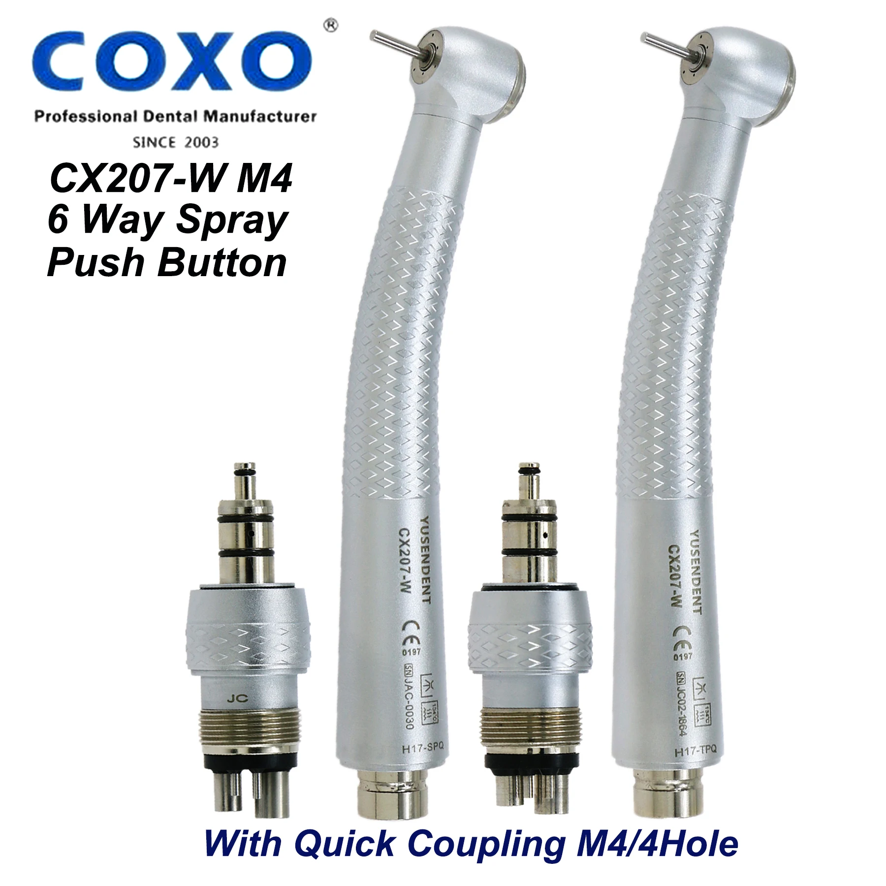 COXO YUSENDENT Standard Big Torque Head High Speed Air Tubrine Quick Coupling Handpiece M4 4Hole CX207-W With Coupler