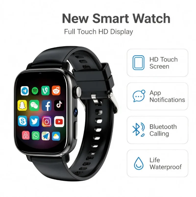 New Smart Watch with Full Touch HD Display, Built-in GPS & WiFi, Support SIM Card, Life Waterproof