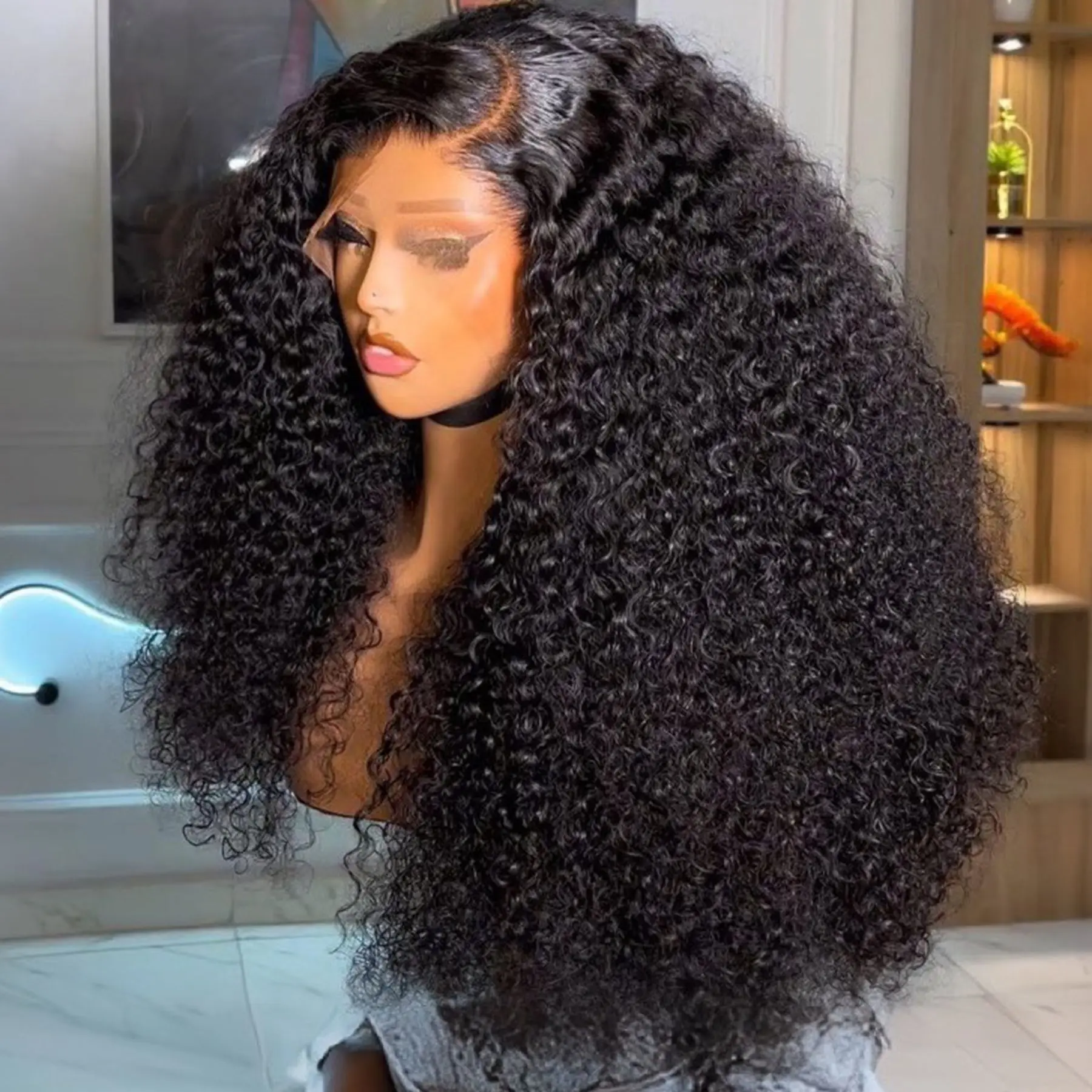 

Синтетический парик Jerry Curly черного цвета с HD-кружевной передней частью 13x4 для женщин, с предварительно выщипанными и отбеленными узлами, без клея, из термостойкого волокна