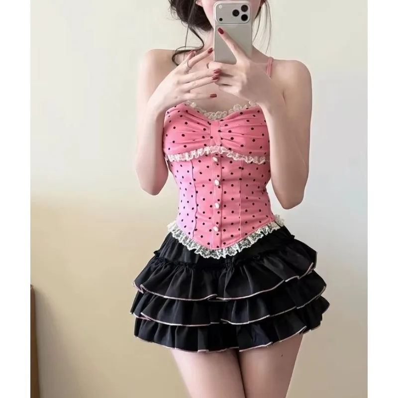 Women Summer  Lace Patchwork Y2k Gothic Retro Off Shoulder Sling Top Lightweight Skirt High Street Matching Outfit New Arrival D