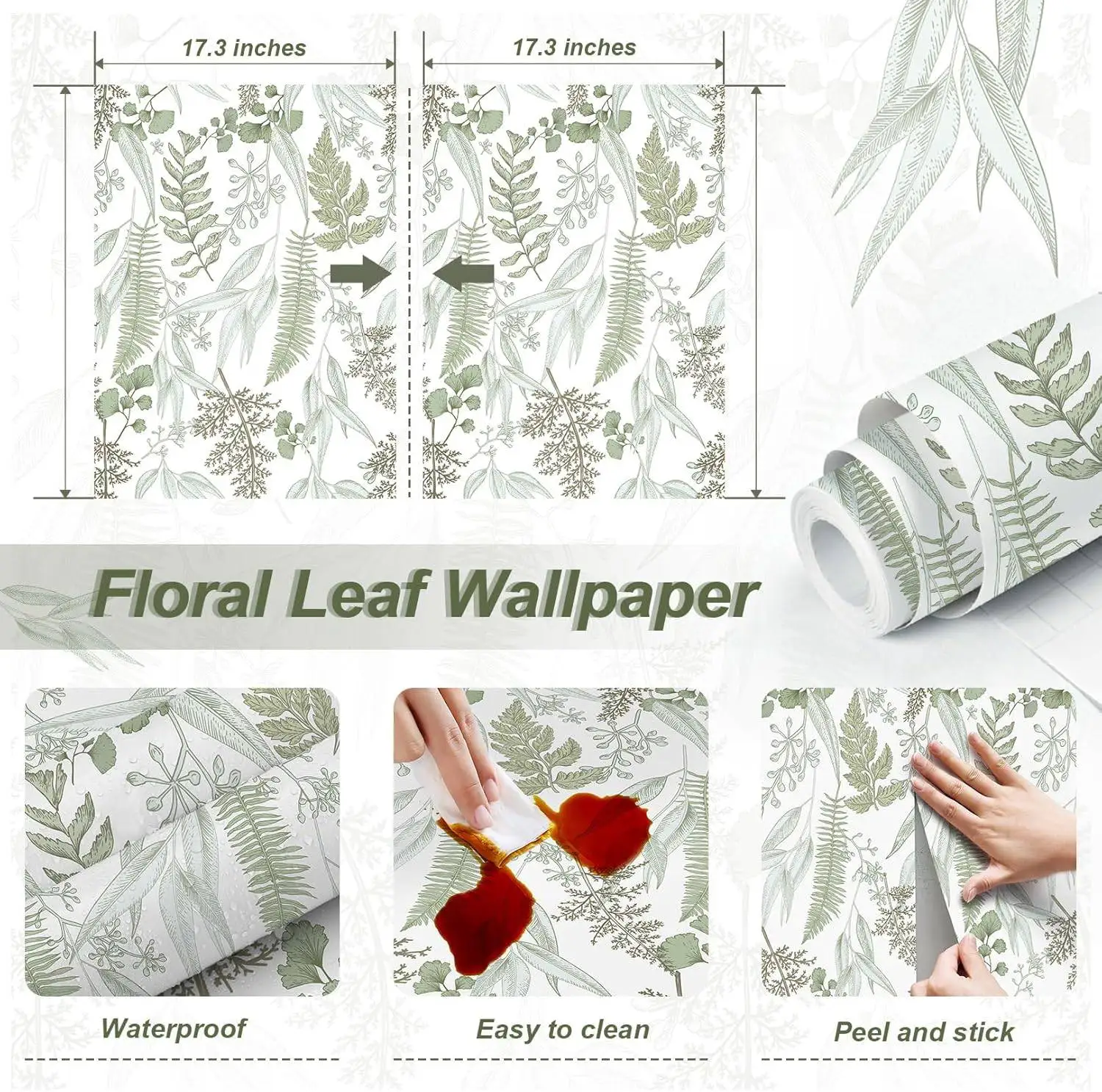 Light Green Leaf Peel and Stick Wallpaper Botanical Removable Contact Paper Ferns Self-Adhesive Wallpaper for Cabinets Drawers - Image 6