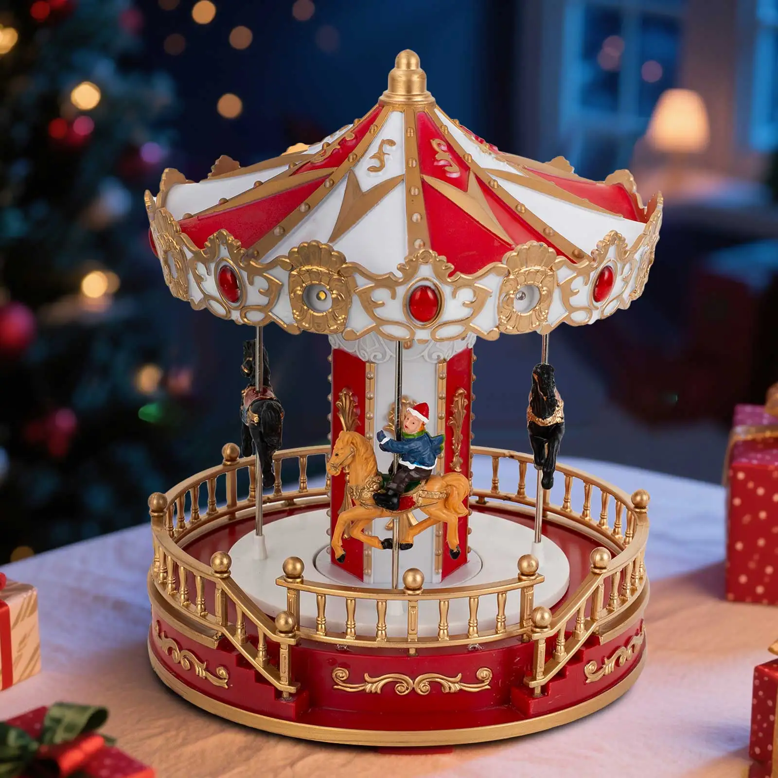 Animiertes Weihnachtskarussell mit musikalischem LED-Licht, Tischdekoration für den Innenbereich, Sammlung Dorfzubehör für die Feiertagspräsentation zu Hause – Detail 3