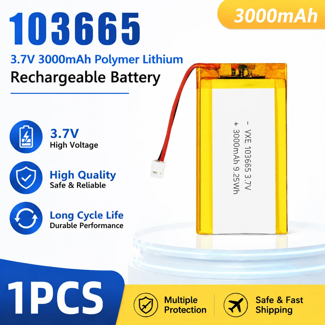 103665 3.7V 3000mAh HighCapacity Polymer Lithium Rechargeable Battery With JST PH2.0 Plug Li-Po Battery Camera GPS MP5  Headset