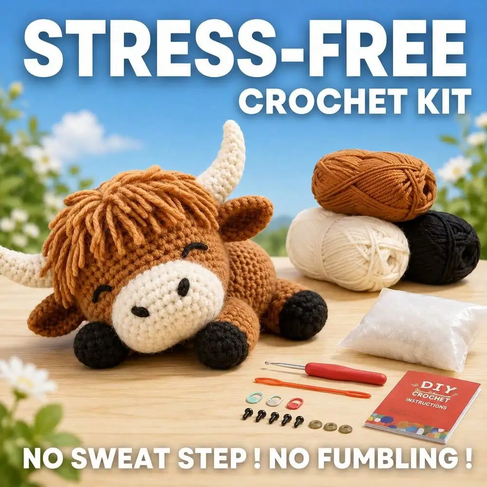 Beginner-friendly Animal Crochet Kit for Adults, Featuring Step-by-Step Written Instructions; DIY Kit for Making a Highland Cow