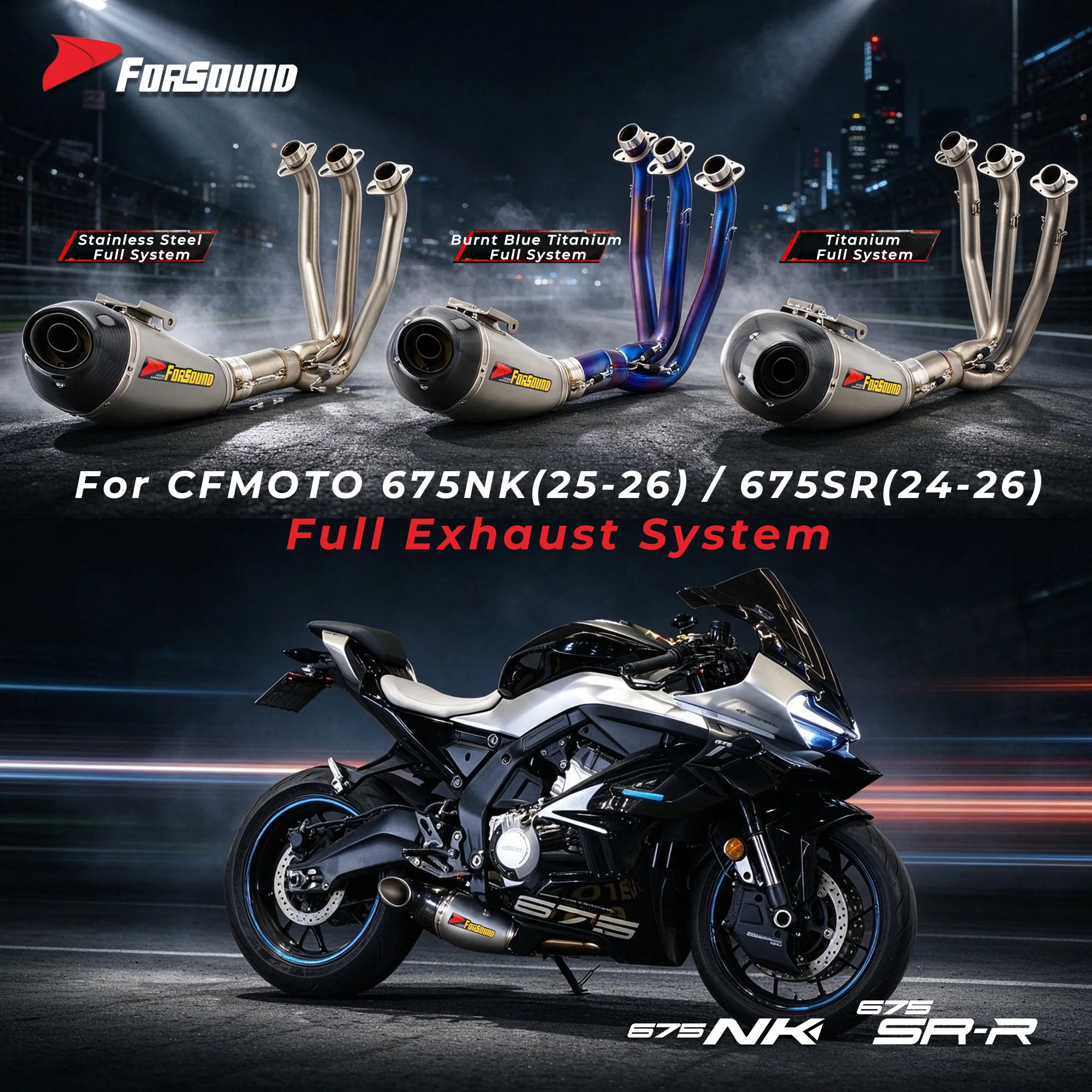 Forsound Factory Wholesale Price CFMOTO 675NK Titanium Exhaust Valved Muffler with Mid Pipe Resonator