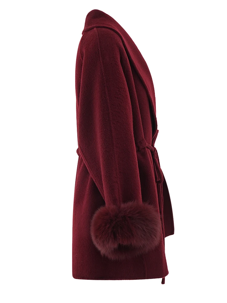 [EAM] Wine Red Cuff Fur Belted Big Size Woolen Coat New Lapel Long Sleeve Women Jacket Fashion Tide Autumn Winter 2024 CPG2463