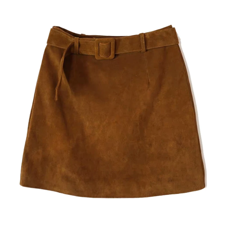 Vintage Micro Skirt Suede Real Leather Mini Skirt Sashes for Women Autumn Korean New Simple High Wide Waist Sheepskin