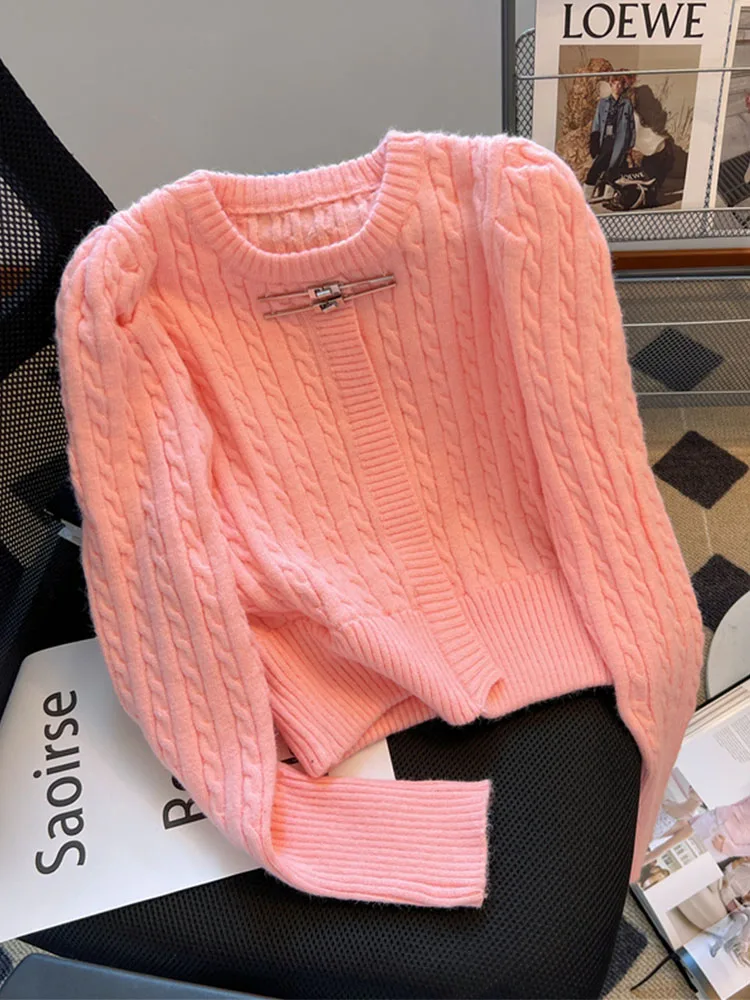 Harajuku Jacquard Knitted Pullovers Women Long Sleeve Solid Sweater Autumn Winter French Style Sweet Casual Loose O-Neck Tops