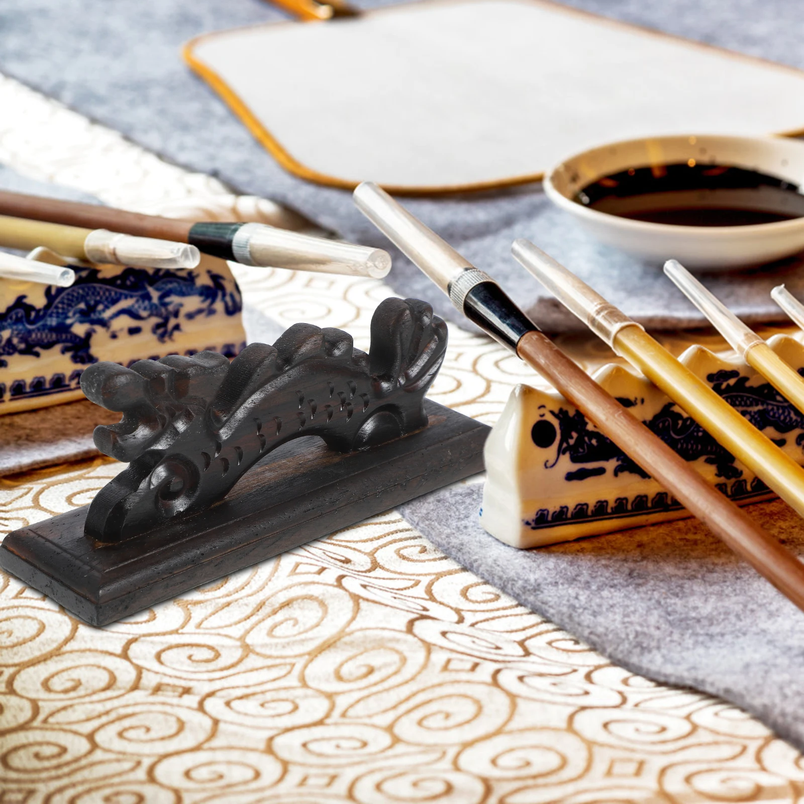 

2 Pcs Dragon Pen Holder Wooden Calligraphy Brush Rest Ink Writing Support Storage Chinese Style Durability Gift