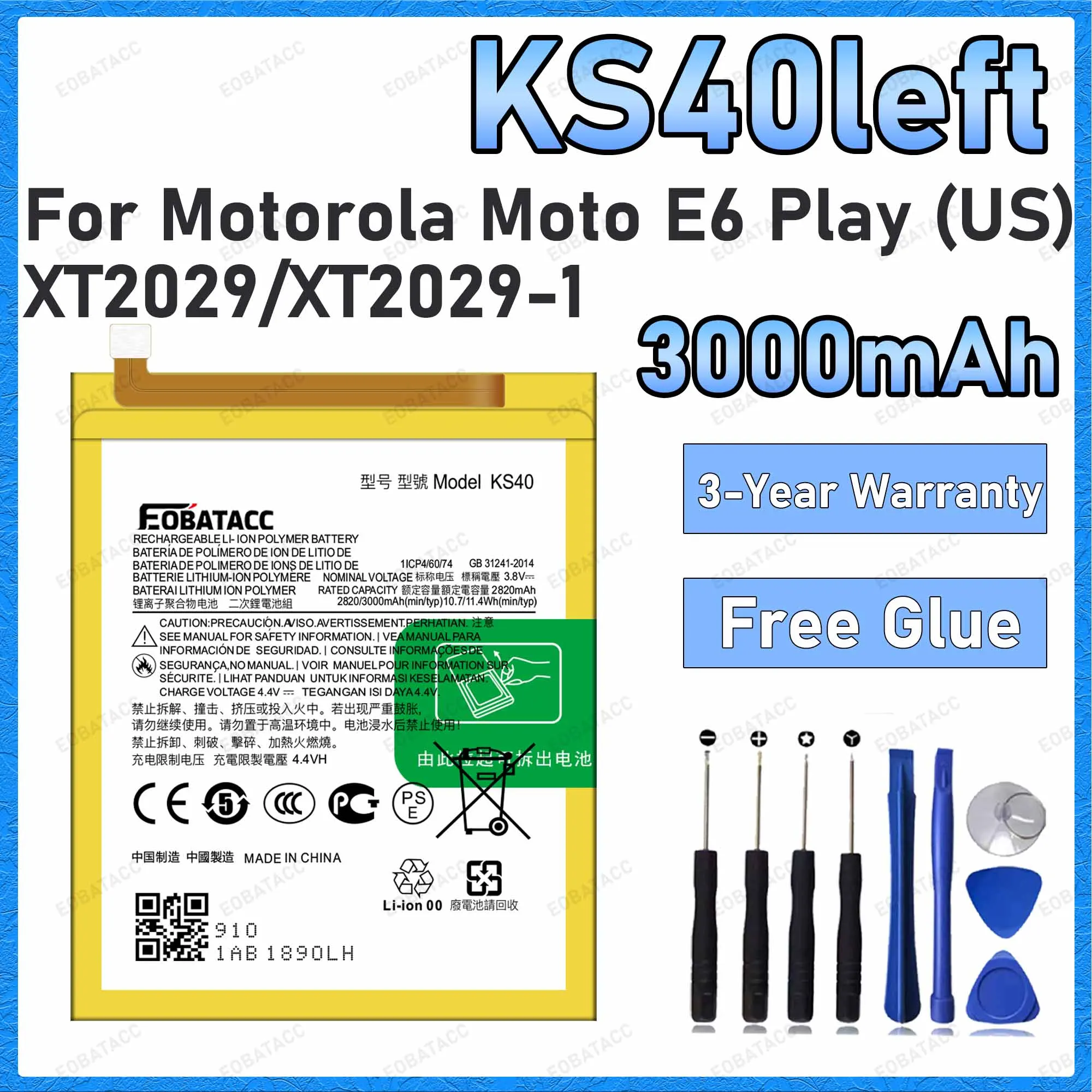 100% New High Quality 3000mAh KS40 Battery For Motorola Moto E6 Play (US) Batteries+Free Tools