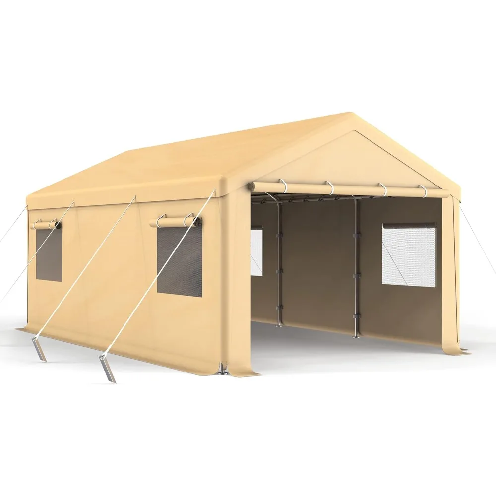 

Carport, 12x20FT 200G Heat Sealed All Weather Tarp, 40MPH Wind Resistant, Side Tarps for Sandbags, Roll-Up Mesh Windows