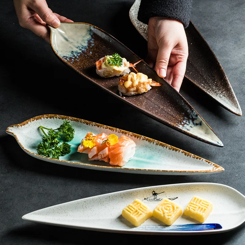 Japanese Style Ceramic Tableware Long Plate Leaf Shaped Sushi Snack Plate Barbecue Plate Fish Plate Restaurant Sushi Dishes