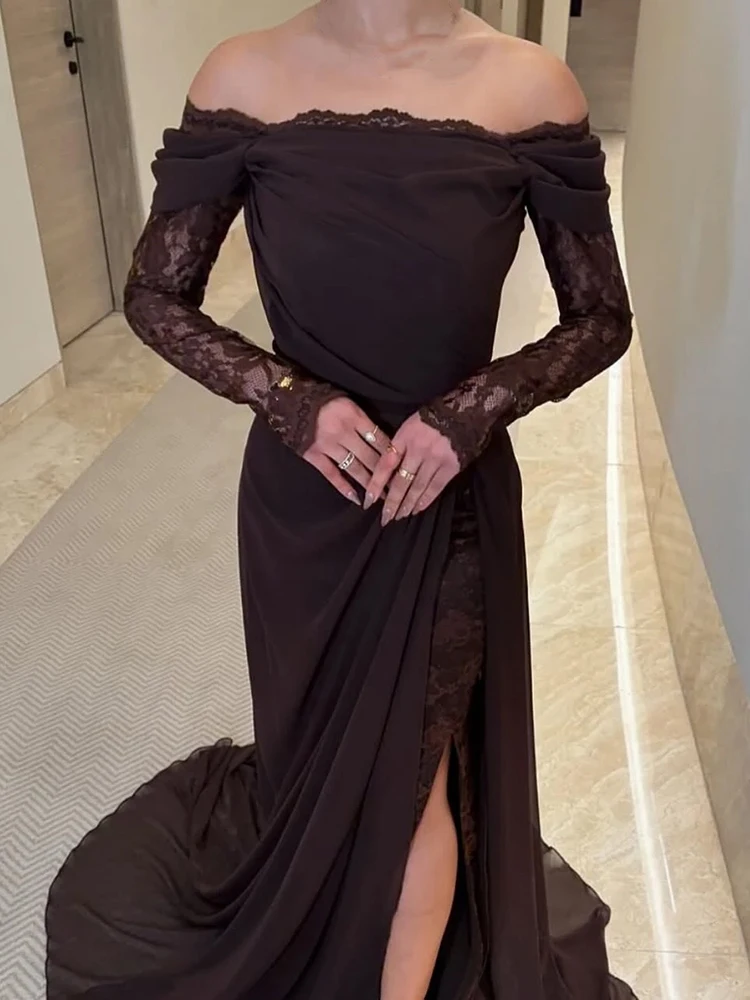 

Elegant Solid Color Party Dress Sexy Lace Off Shoulder Women's Party Dress New 2026 Spring High Waisted Pleated Split Long Dress