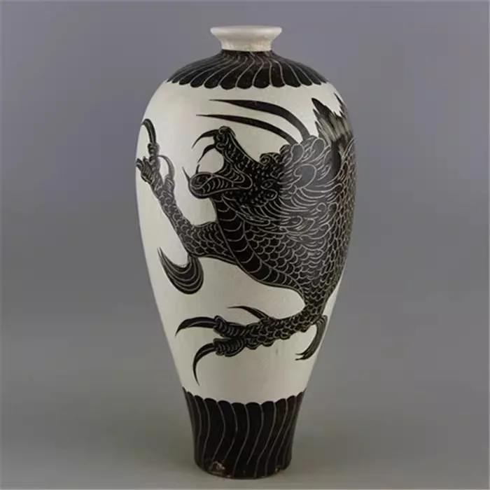 Chinese White Porcelain Vase Song Cizhou Kiln Black Dragon Design 12.9 inch