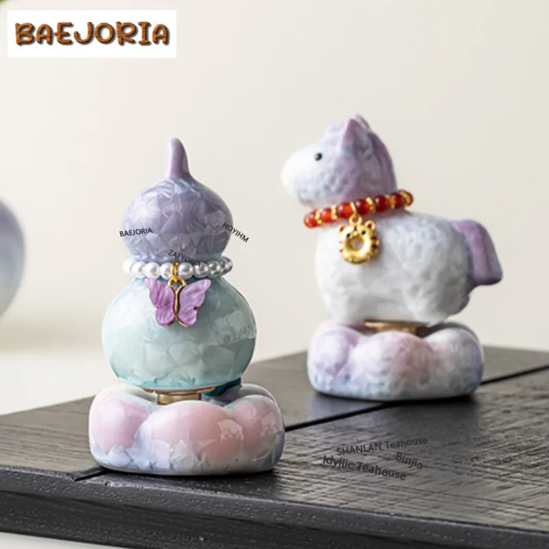 Kiln Change Crystal Glaze Rotating Pony Gourd Figurine Home Tea Pet Boutique Lucky Model Tea Figurine Play Toys Tea Statue Gift