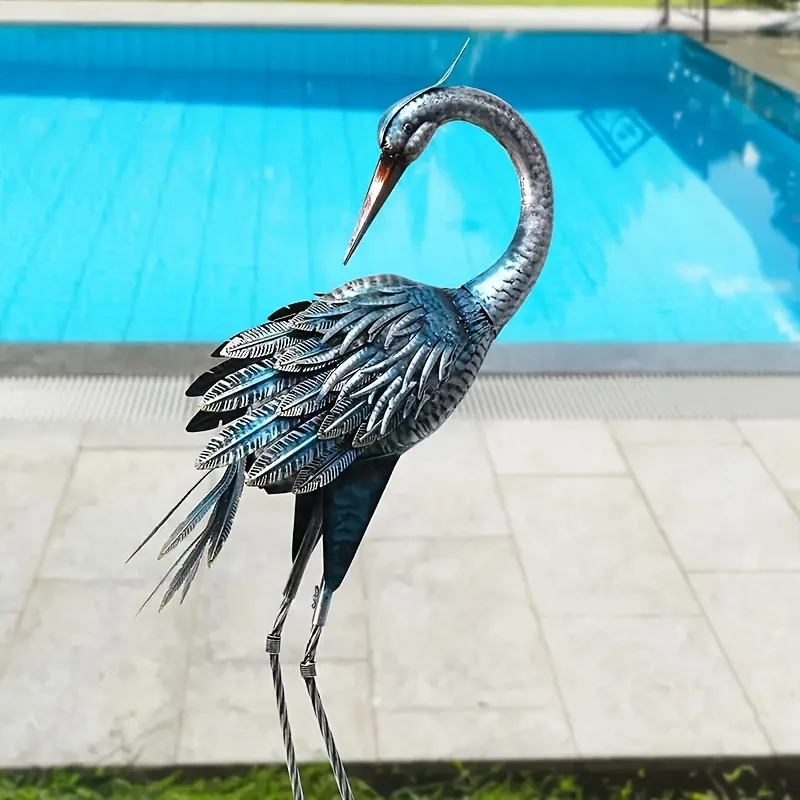 Rustic Metal Garden Crane Statue Outdoor Decor, Standing Heron Sculpture Lawn Ornament, Blue Bird Lake Yard Backyard Patio Decor