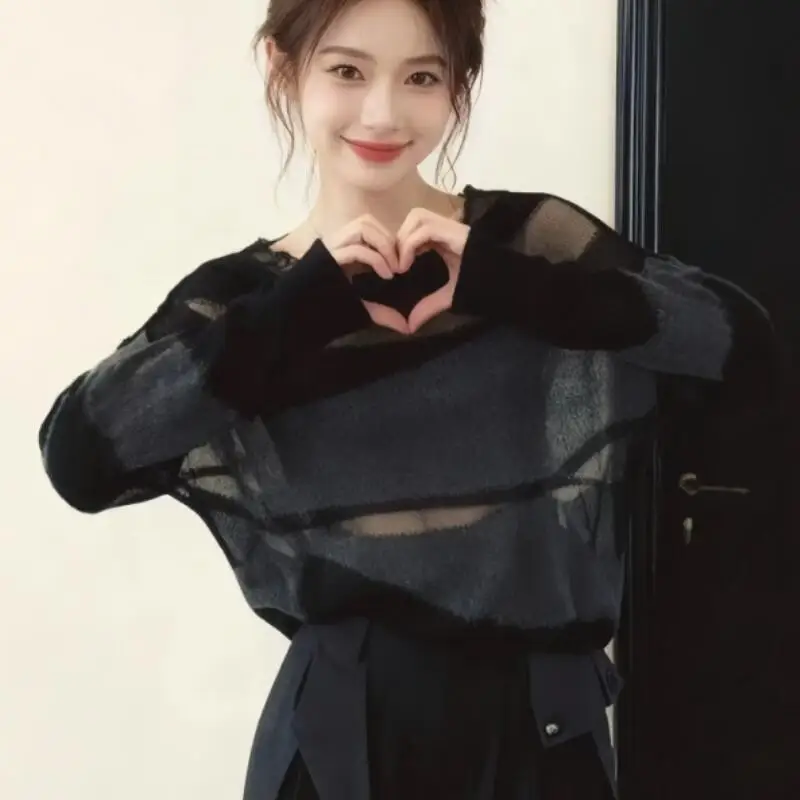 

Элегантная женская футболка с длинным рукавом, новая модная коллекция весна-лето, корейский стиль, с сетчатыми вставками, повседневная, свободная, комфортная, мягкая