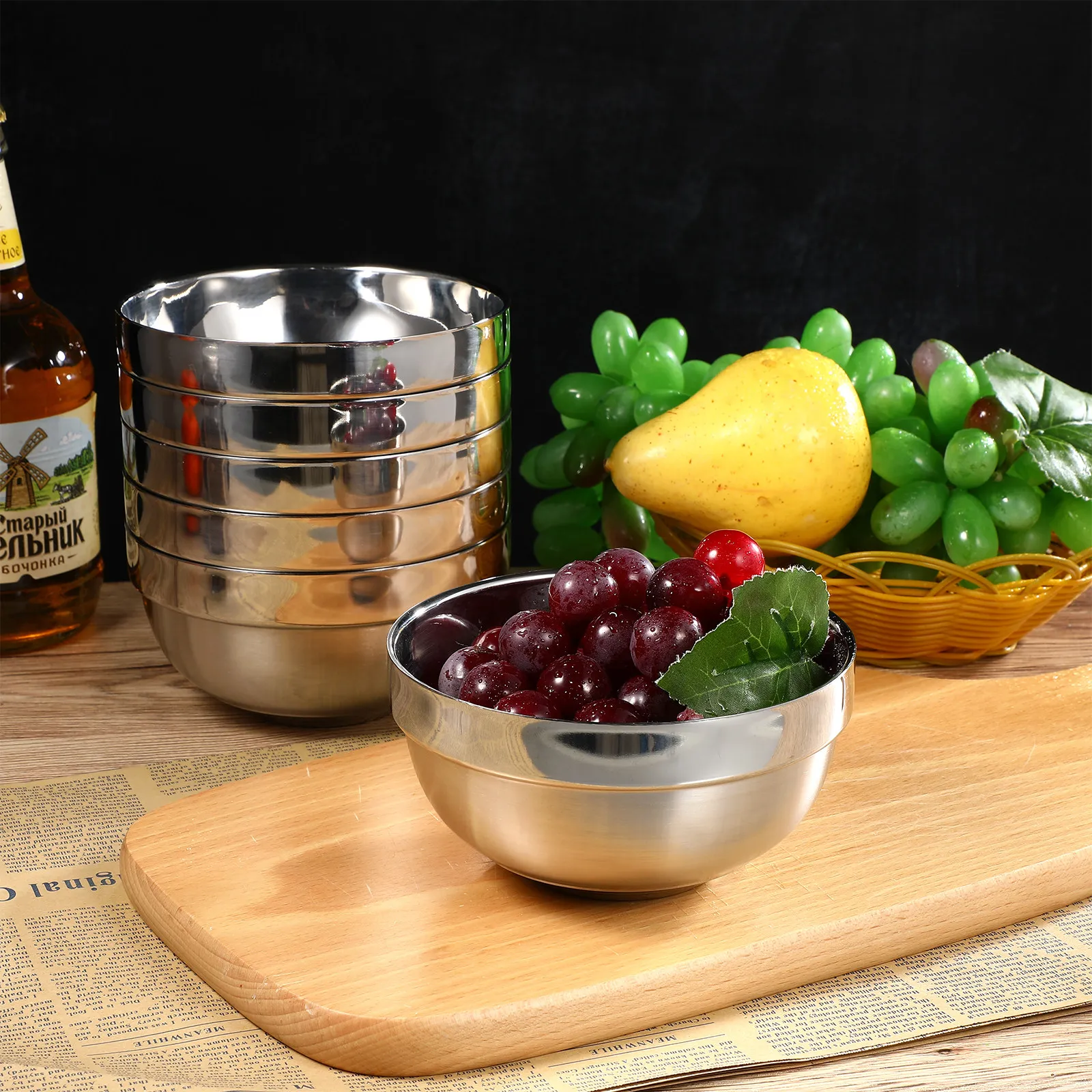 Juego de 6 Tazones de Acero Inoxidable para Comedor, Diseño de Doble Capa, Resistentes al Calor, Anti-Escaldaduras, Tazones Grandes para Sopa, Guiso, Ensalada, Fruta