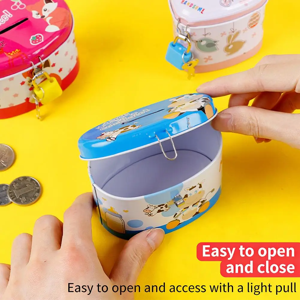 Cartoon Tin Piggy Bank with Lock & Key Metal Money Box for Kids, Random Color 4 Shapes Coin Storage Box Children Gift