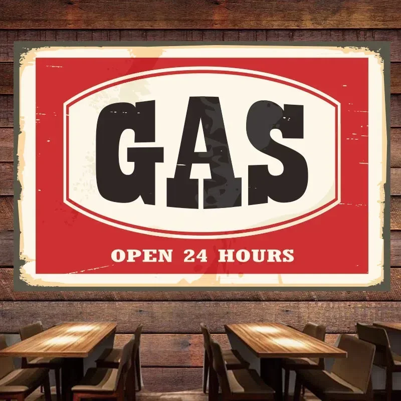 GAS OPEN 24 HOURS Vintage Cars Poster Wall Painting For GARAGE Auto Repair Gas Station Wall Decor Banner Wall Hanging Flag Mural